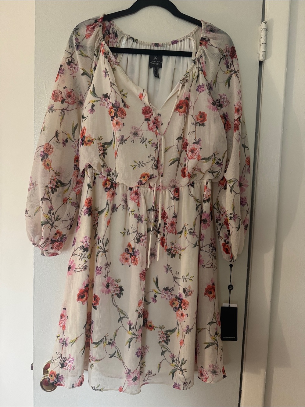 Adrianna Papell Cream Floral Long Sleeve Tie-Waist Dress